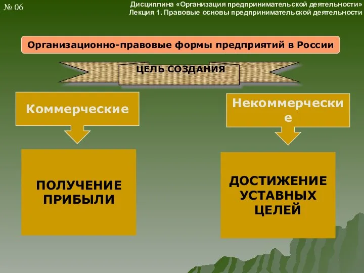 Организационно-правовые формы предприятий в России Коммерческие Некоммерческие ЦЕЛЬ СОЗДАНИЯ № 06