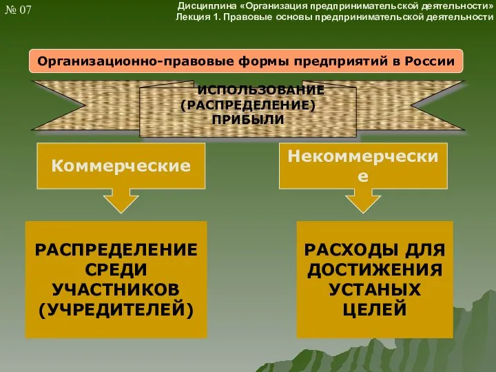 Организационно-правовые формы предприятий в России ИСПОЛЬЗОВАНИЕ (РАСПРЕДЕЛЕНИЕ) ПРИБЫЛИ РАСПРЕДЕЛЕНИЕ СРЕДИ УЧАСТНИКОВ