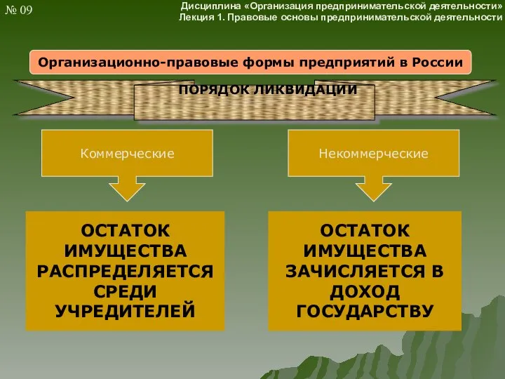 Организационно-правовые формы предприятий в России Коммерческие Некоммерческие ПОРЯДОК ЛИКВИДАЦИИ ОСТАТОК ИМУЩЕСТВА