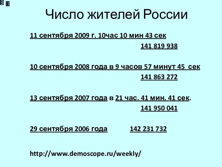 Число жителей России 11 сентября 2009 г. 10час 10 мин 43