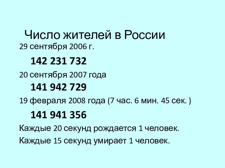 Число жителей в России 29 сентября 2006 г. 142 231 732