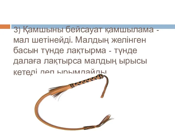 3) Қамшыны бейсауат қамшылама - мал шетінейді. Малдың желінген басын түнде