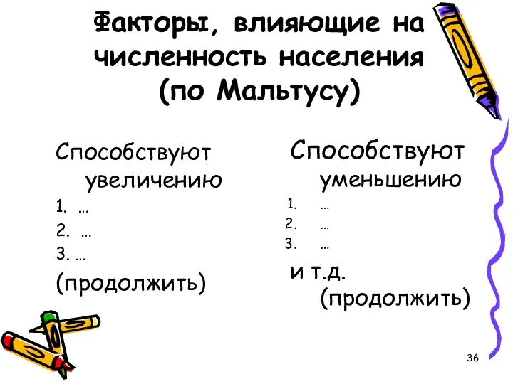 Факторы, влияющие на численность населения (по Мальтусу) Способствуют увеличению 1. …