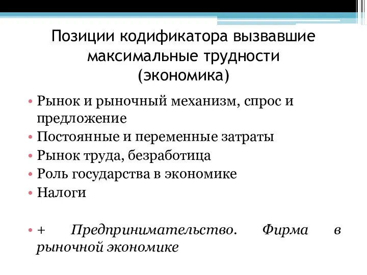 Позиции кодификатора вызвавшие максимальные трудности (экономика) Рынок и рыночный механизм, спрос