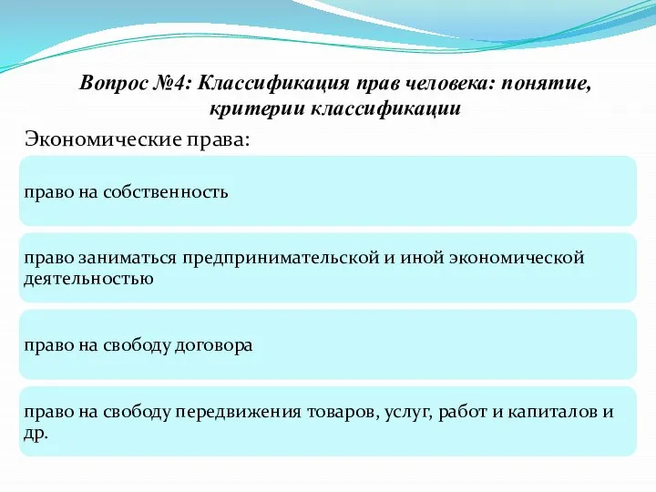 Вопрос №4: Классификация прав человека: понятие, критерии классификации Экономические права: