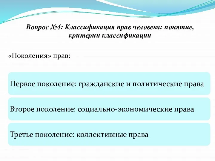 Вопрос №4: Классификация прав человека: понятие, критерии классификации «Поколения» прав: