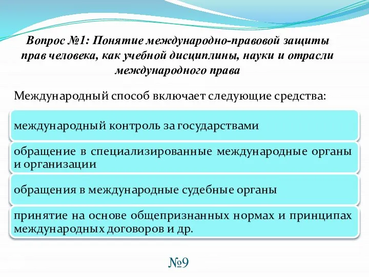 Международный способ включает следующие средства: Вопрос №1: Понятие международно-правовой защиты прав