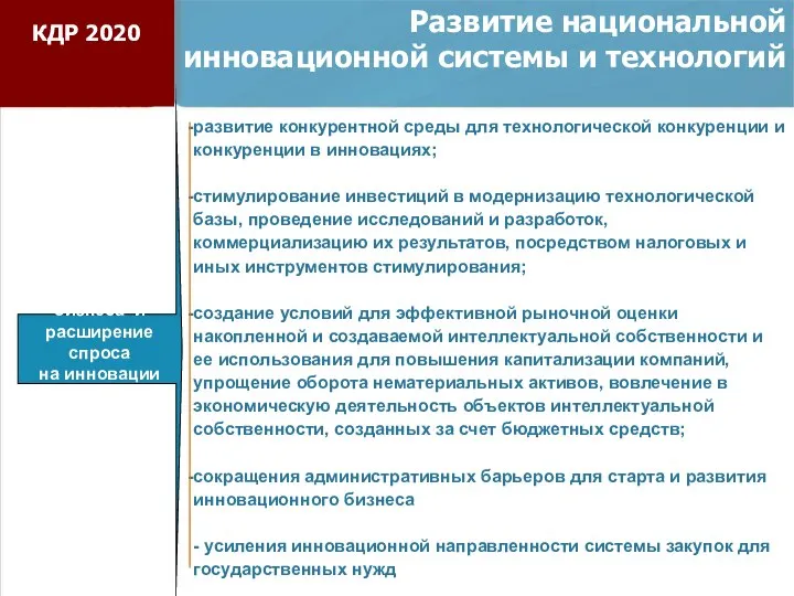 Развитие национальной инновационной системы и технологий Поддержка инновационного бизнеса и расширение