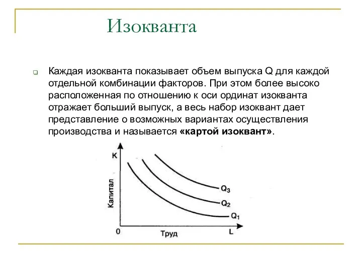 Изокванта Каждая изокванта показывает объем выпуска Q для каждой отдельной комбинации