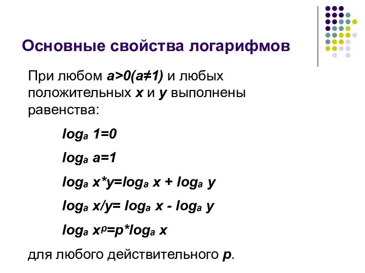 Основные свойства логарифмов При любом a>0(a≠1) и любых положительных x и