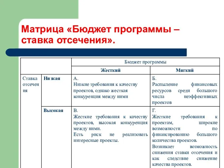 Матрица «Бюджет программы –ставка отсечения».