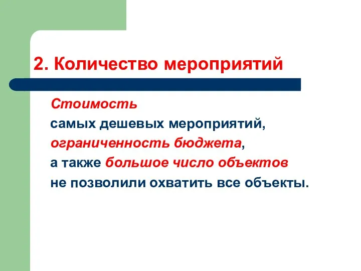 2. Количество мероприятий Стоимость самых дешевых мероприятий, ограниченность бюджета, а также