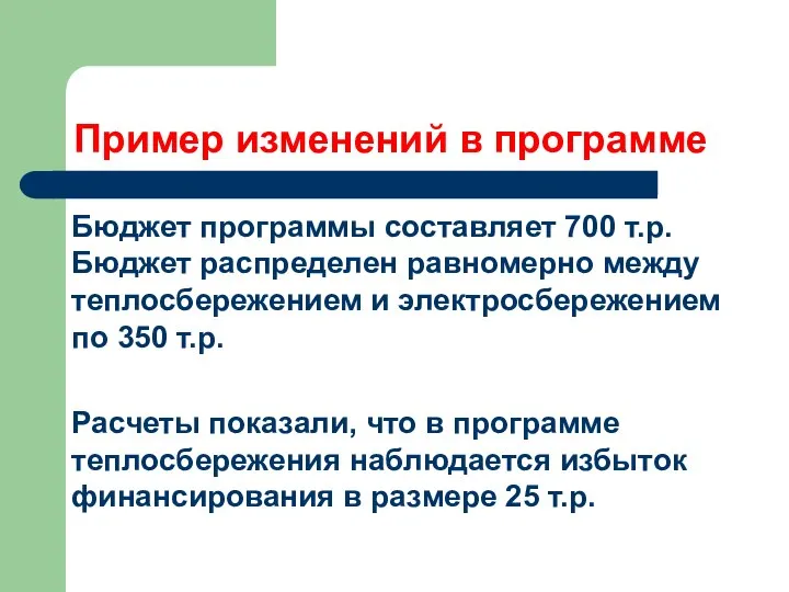 Пример изменений в программе Бюджет программы составляет 700 т.р. Бюджет распределен