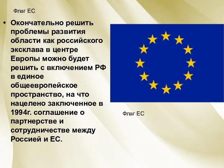 Флаг ЕС Окончательно решить проблемы развития области как российского эксклава в