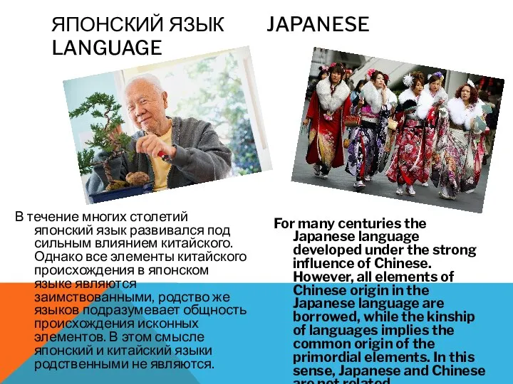 В течение многих столетий японский язык развивался под сильным влиянием китайского.