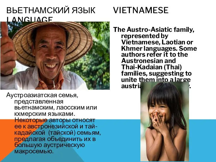 Аустроазиатская семья, представленная вьетнамским, лаосским или кхмерским языками. Некоторые авторы относят
