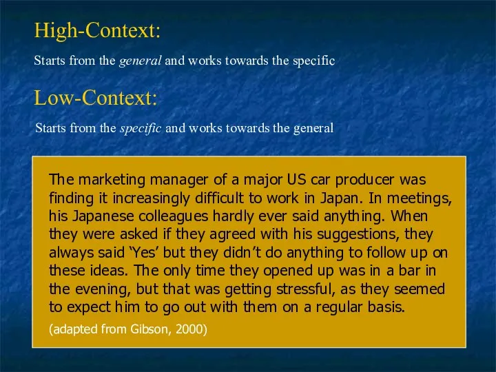 High-Context: Low-Context: Starts from the general and works towards the specific