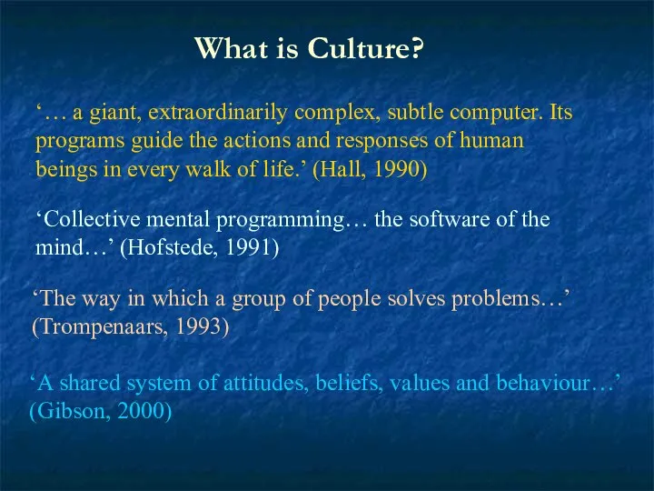 ‘A shared system of attitudes, beliefs, values and behaviour…’ (Gibson, 2000)