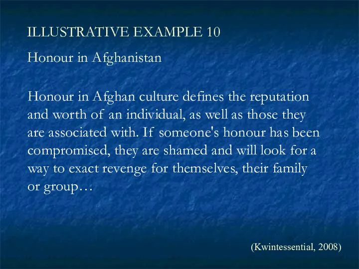 ILLUSTRATIVE EXAMPLE 10 Honour in Afghanistan (Kwintessential, 2008) Honour in Afghan