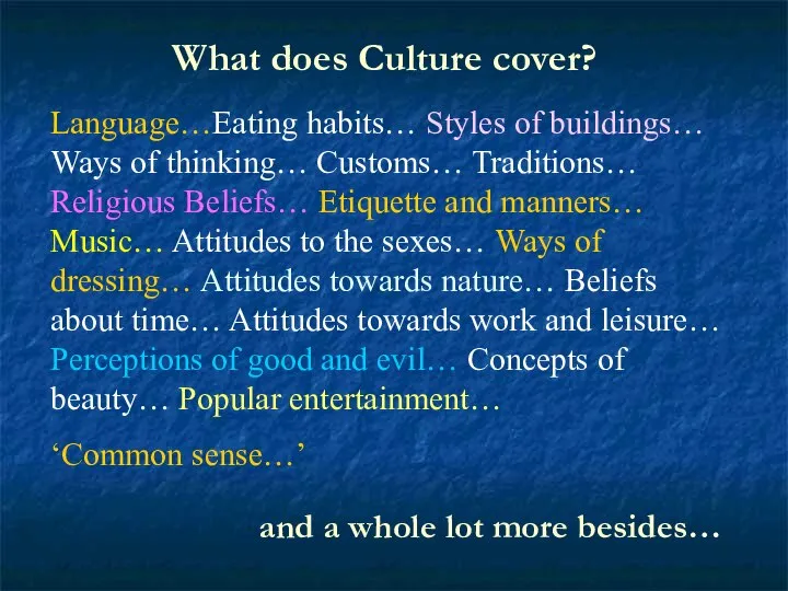 What does Culture cover? Language…Eating habits… Styles of buildings… Ways of