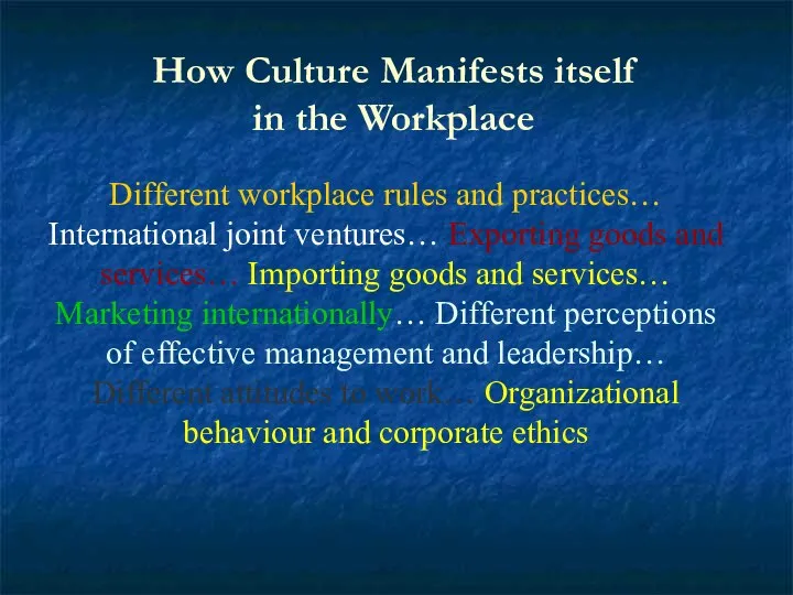 Different workplace rules and practices… International joint ventures… Exporting goods and