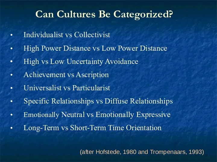 Can Cultures Be Categorized? Individualist vs Collectivist High Power Distance vs