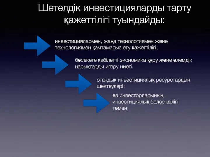 Шетелдік инвестицияларды тарту қажеттілігі туындайды: отандық инвестициялық ресурстардың шектеулері; өз инвесторларының