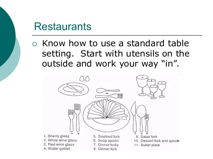 Restaurants Know how to use a standard table setting. Start with