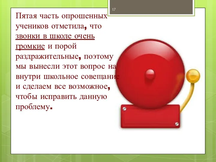 Пятая часть опрошенных учеников отметила, что звонки в школе очень громкие