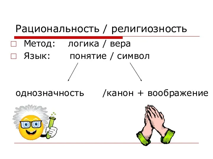 Рациональность / религиозность Метод: логика / вера Язык: понятие / символ однозначность /канон + воображение