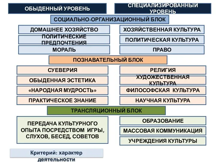 Критерий: характер деятельности ОБЫДЕННЫЙ УРОВЕНЬ СПЕЦИАЛИЗИРОВАННЫЙ УРОВЕНЬ СОЦИАЛЬНО-ОРГАНИЗАЦИОННЫЙ БЛОК ДОМАШНЕЕ ХОЗЯЙСТВО