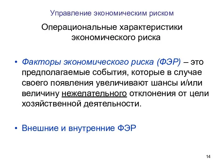 Управление экономическим риском Операциональные характеристики экономического риска Факторы экономического риска (ФЭР)