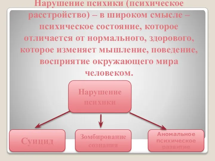 Нарушение психики (психическое расстройство) – в широком смысле – психическое состояние,