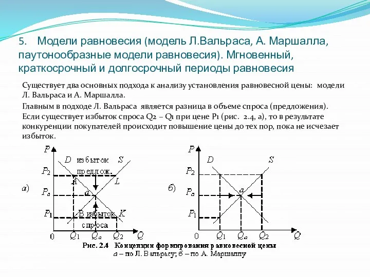 5. Модели равновесия (модель Л.Вальраса, А. Маршалла, паутонообразные модели равновесия). Мгновенный,