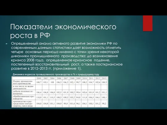 Показатели экономического роста в РФ Определенный анализ активного развития экономики РФ