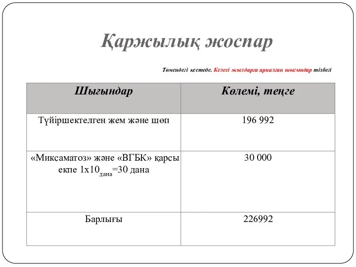 Қаржылық жоспар Төмендегі кестеде. Келесі жылдарға арналған шығындар тізбегі