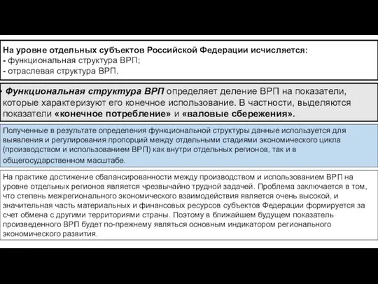 На уровне отдельных субъектов Российской Федерации исчисляется: - функциональная структура ВРП;