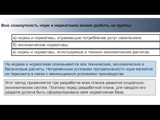 Всю совокупность норм и нормативов можно разбить на группы: а) нормы