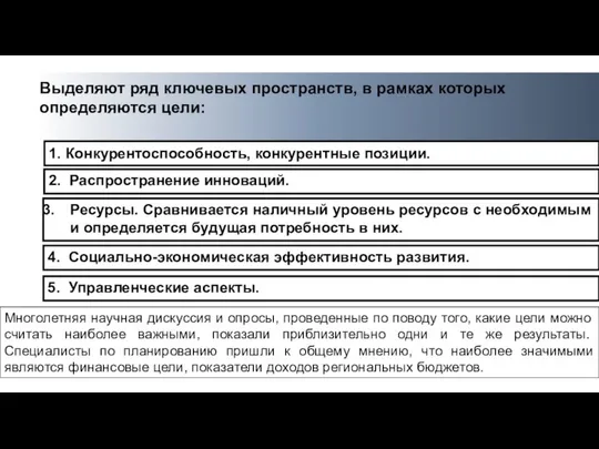 Выделяют ряд ключевых пространств, в рамках которых определяются цели: 1. Конкурентоспособность,