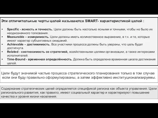 Эти отличительные черты целей называются SMART- характеристикой целей : Specific -