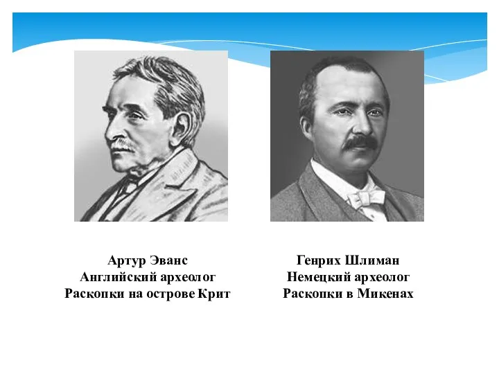 Артур Эванс Английский археолог Раскопки на острове Крит Генрих Шлиман Немецкий археолог Раскопки в Микенах