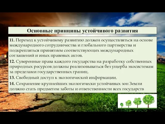 Основные принципы устойчивого развития 11. Переход к устойчивому развитию должен осуществляться