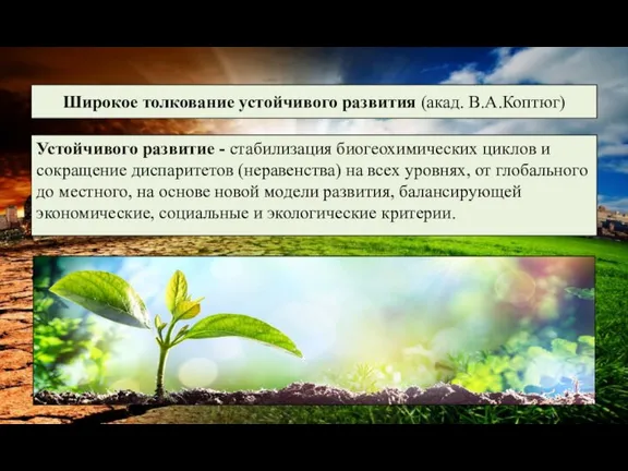 Широкое толкование устойчивого развития (акад. В.А.Коптюг) Устойчивого развитие - стабилизация биогеохимических