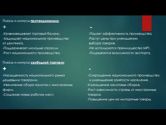 Плюсы и минусы протекционизма: + - -Уравновешивает торговый баланс. -Падает эффективность