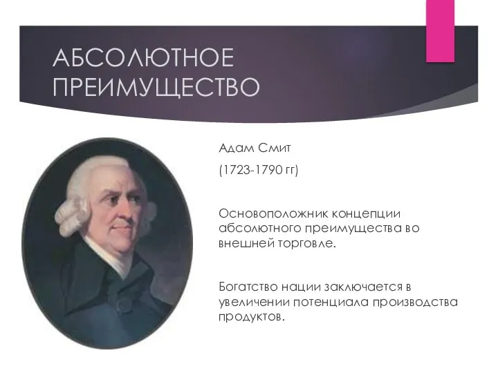 АБСОЛЮТНОЕ ПРЕИМУЩЕСТВО Адам Смит (1723-1790 гг) Основоположник концепции абсолютного преимущества во