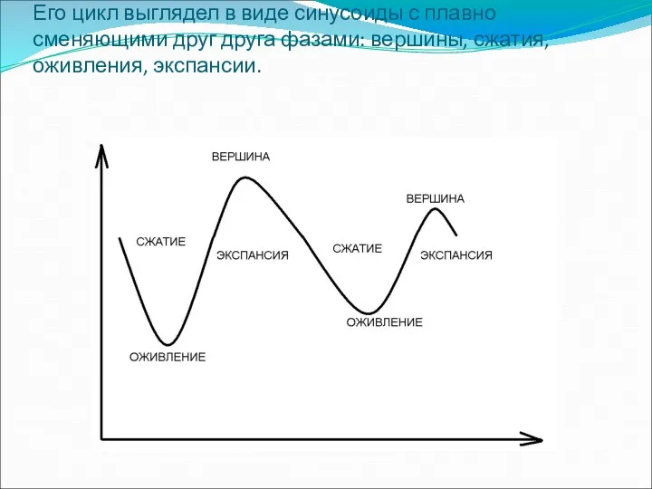 Его цикл выглядел в виде синусоиды с плавно сменяющими друг друга фазами: вершины, сжатия, оживления, экспансии.