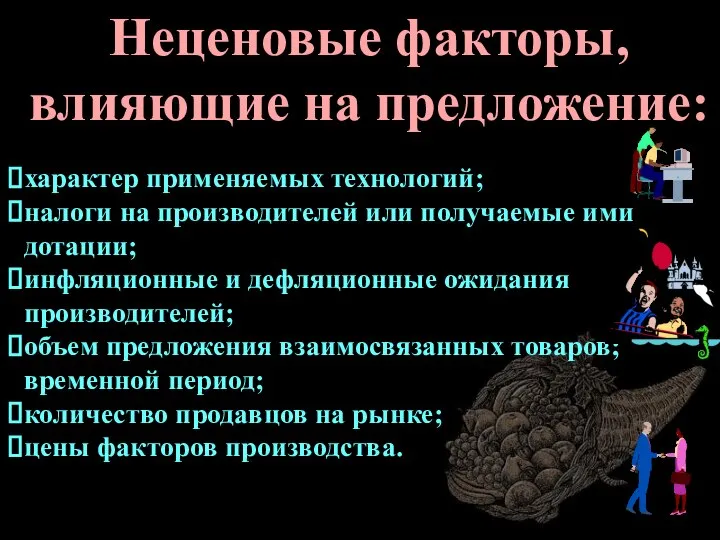 характер применяемых технологий; налоги на производителей или получаемые ими дотации; инфляционные