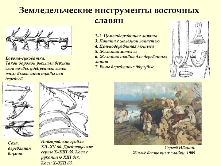 Земледельческие инструменты восточных славян Новгородские грабли XII–XV вв. Древнерусские серпы X–XIII