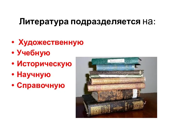 Литература подразделяется на: Художественную Учебную Историческую Научную Справочную