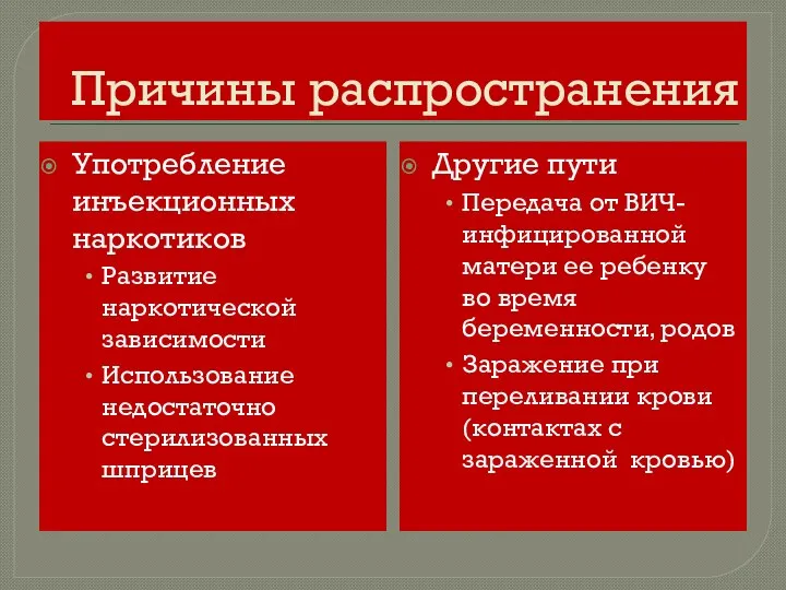 Причины распространения Употребление инъекционных наркотиков Развитие наркотической зависимости Использование недостаточно стерилизованных